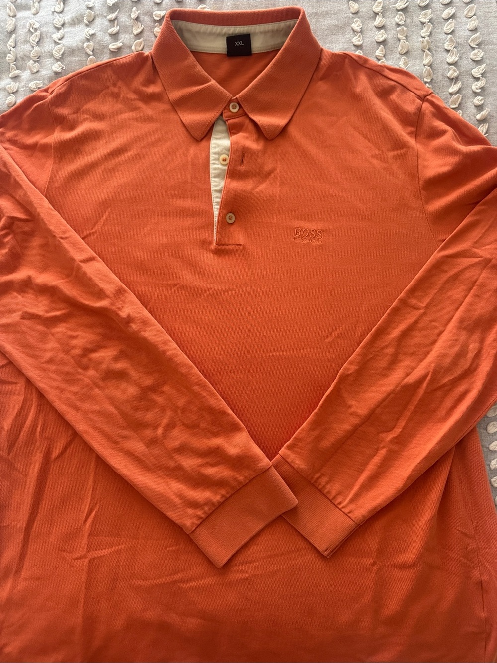 BOSS Long-Sleeve Polo Shirt in Orange with Contrast Placket